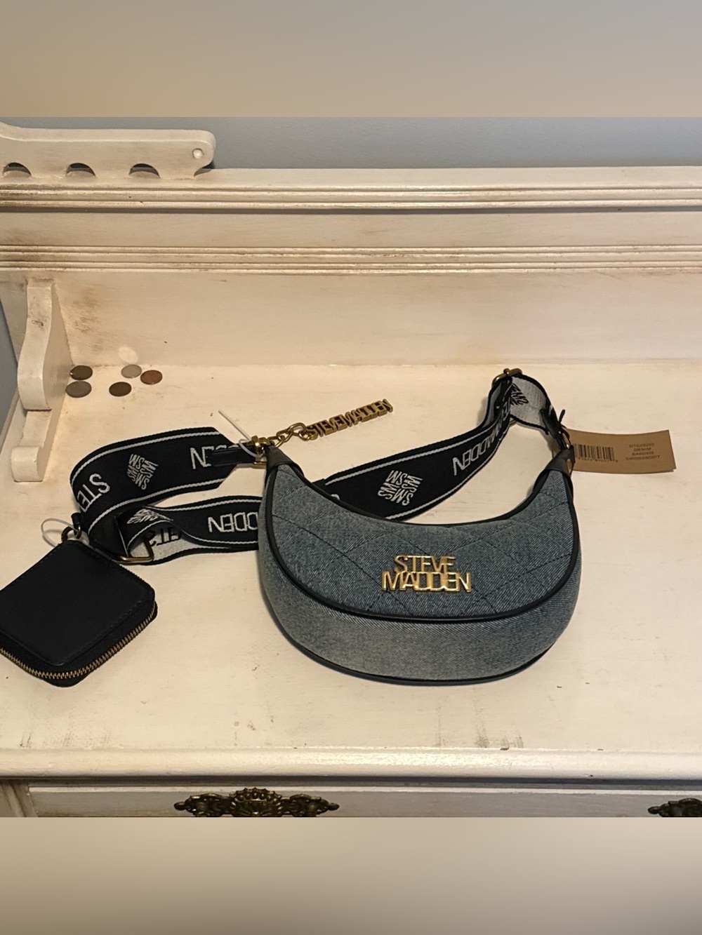 Steve Madden Light Blue Denim Crescent Bag with Black Branded Strap new